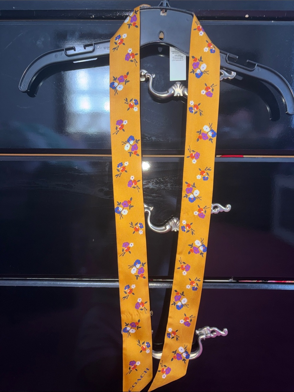 Coach Women's Floral Skinny Scarf in Mustard Yellow with Purple & Pink Accents